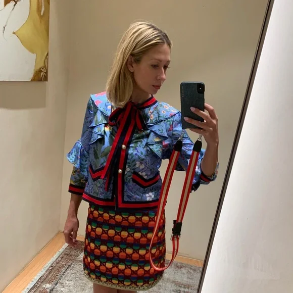 Gucci Blue Flora Ruffled Silk Blouse Jacket Navy Red Web Trim & GG Buttons SZ S - Picture 10 of 10